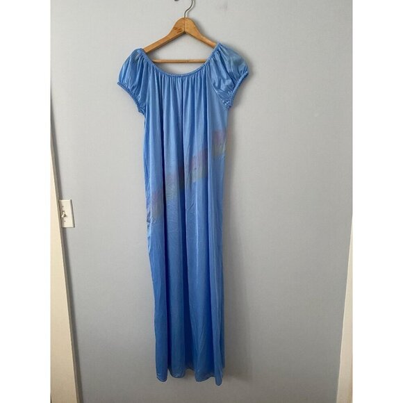 Vintage Summer Nightgown, Blue with Red and Yellow Diagonal Stripes, Size Medium - Picture 2 of 7